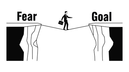 Conceptual vector illustration of a businessman walking a tightrope between fear and goal overcoming challenges isolated on white background
