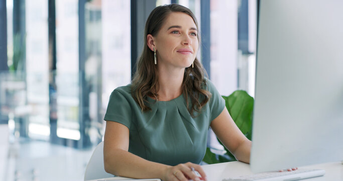 Creative, office and woman with computer, reading and check for mistake on web, reporter and online. Review, article and editing with tech in newsroom, journalist or planning for magazine publication