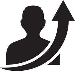 Modern graphic icon representing a person with an upward trending arrow symbolizing growth or progress