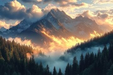 majestic snow-capped mountain peaks bathed in golden sunlight behind misty evergreen forest under dramatic cloudy sky