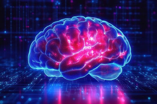 Digital visualization of a glowing human brain with blue and pink neon lights representing neural activity and interconnected data pathways on a futuristic grid background