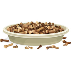 A Bowl Filled with Whole Cloves Spice Arranged on a Plate with Scattered Cloves on a White Background