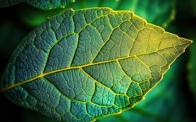Fototapeta premium Close-up of a vibrant green leaf with intricate vein patterns illuminated by soft natural light highlighting its texture and details