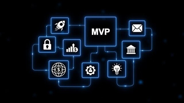 MVP business concept diagram with interconnected icons and glowing blue lines on dark background Keywords: MVP, minimum viable product, business, startup, development, strategy