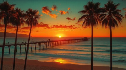 Sunset over a long wooden pier extending into the ocean with palm trees silhouetted against the vibrant orange and turquoise sky