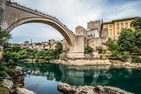 Old Bridge over Neretva river, foremost landmark of Old Town of Mostar, Bosnia and Herzegovina