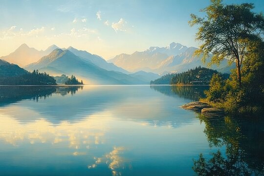 Calm lake at sunrise surrounded by distant misty mountains and lush green trees reflecting on clear water under a soft blue sky with scattered clouds