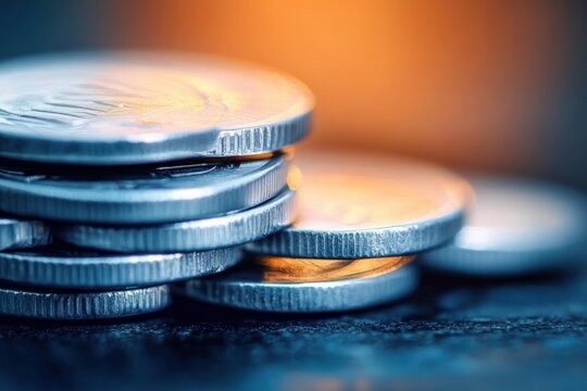 Close-up of stacked silver coins with blurred background and warm lighting reflecting on metal surfaces