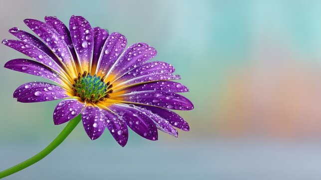 Detailed Macro Image of a Purple Daisy Covered in Water Droplets with a Soft Blurred Teal and Pink Background