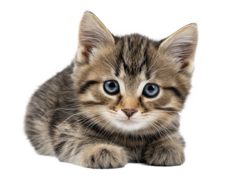 New born little cat isolated, young kitten facing forward, adorable kitten close-up portrait, isolated on a transparent background, professional pet photography