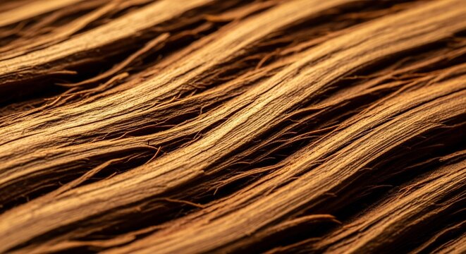 Closeup of wavy textured brown wooden fibrous material with linear patterns and a shallow depth of field
