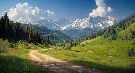 Winding dirt path through lush green valley with pine trees leading toward snow-capped mountains under a bright blue sky with fluffy white clouds