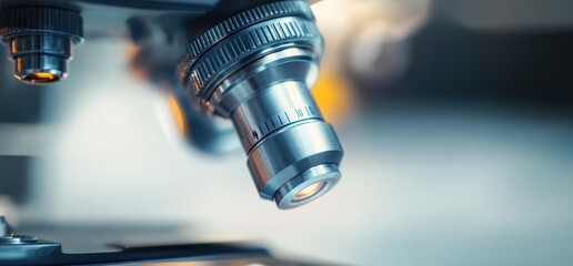 Close-up of a metallic microscope objective lens with numerical markings under soft lighting and blurred background, conveying precision and scientific research