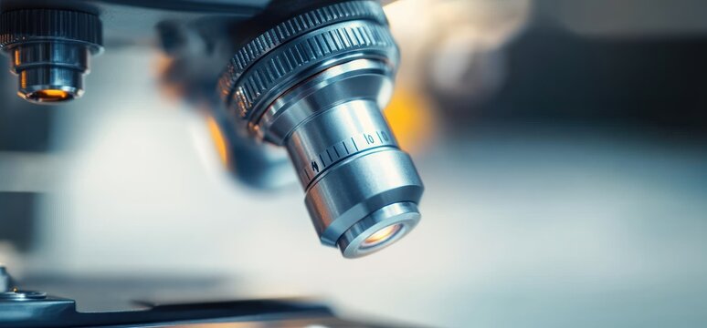 Close-up of a metallic microscope objective lens with numerical markings under soft lighting and blurred background, conveying precision and scientific research