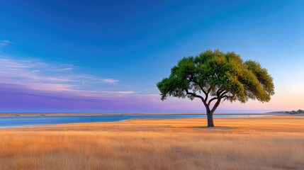Obraz premium Golden Wheat Field With A Lone Green Oak Tree Under A Vibrant Blue And Purple Sunset Sky Overlooking Calm Blue Water