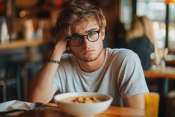 young man with glasses wearing a grey t-shirt sitting at a table in a cafe with a bowl of food and a glass of orange juice looking thoughtfully at the camera