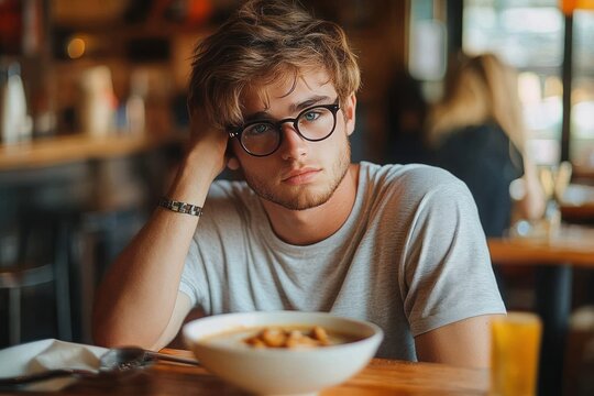young man with glasses wearing a grey t-shirt sitting at a table in a cafe with a bowl of food and a glass of orange juice looking thoughtfully at the camera
