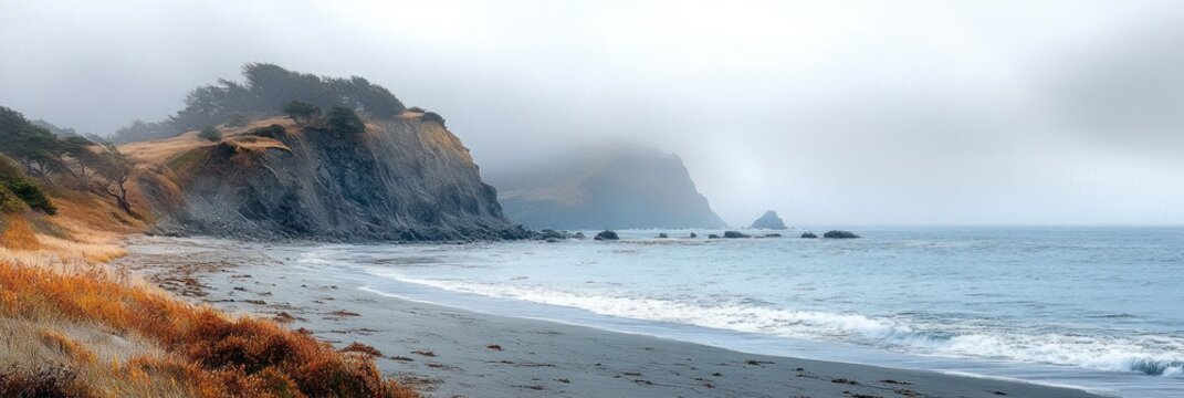 Foggy coastal landscape with rocky cliffs, gentle waves on the shore, and dry grass and trees on the hillside evoking a calm and serene atmosphere