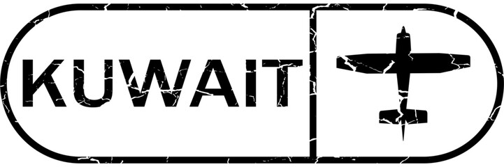 Grunge black kuwait word with plane icon square rubber seal stamp on white background