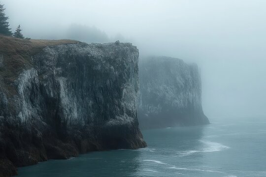 Foggy coastal cliffs with steep rocky faces overlooking calm sea waters under overcast sky