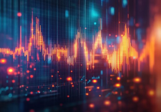 Abstract glowing orange and blue digital waveform chart showing fluctuating data points on a dark grid background conveying financial or technical analysis