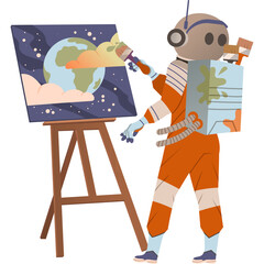 Astronaut in orange suit painting planet Earth on canvas with starry sky background and clouds on easel illuminated by soft cosmic light with space 