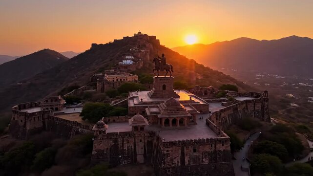 Majestic Statue of Chhatrapati Shivaji Maharaj Overlooking the Historic Fort at Sunset in Maharashtra, India