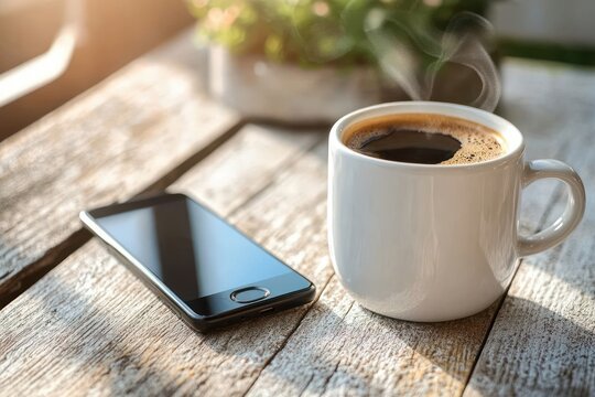 Steaming hot coffee in a white mug and a smartphone resting on a rustic wooden table with soft natural light creating a warm and calm morning atmosphere - Powered by Adobe