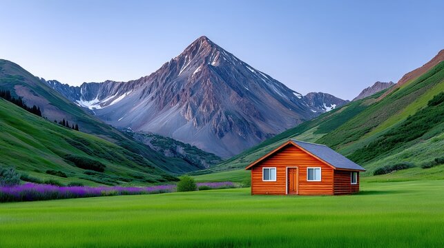 Cozy Wooden Cabin Nestled in a Lush Green Meadow Below Majestic Snow Capped Mountains Under a Clear Blue Sky