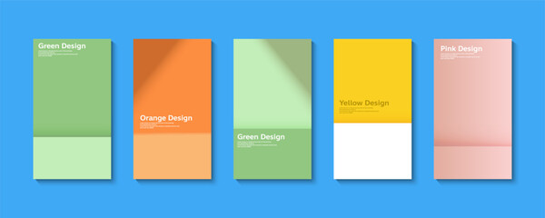 Set of 5 minimalist poster templates. Clean, modern design using simple color blocks, soft shadows, and minimal typography. Ideal for corporate branding.