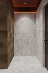 Empty bathroom with marble tiles. Room with Ceramic Ground Background. Bathroom interior with marble and metal tiles.
