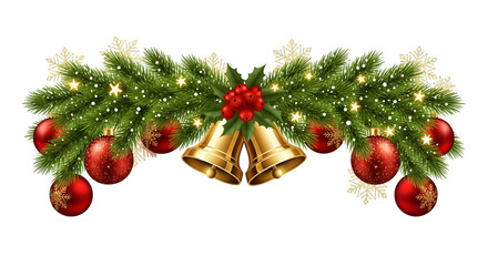Christmas garland with fir branches, red baubles, golden bells, holly, and sparkling lights, isolated on transparent background