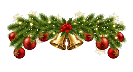 Christmas garland with fir branches, red baubles, golden bells, holly, and sparkling lights, isolated on transparent background