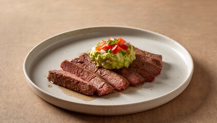 Sliced Meat Arrangement with Green Paste, Culinary Presentation Still Life.