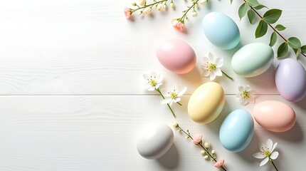 Minimalist and elegant Easter background, a perfect top-down photorealistic flat lay featuring seven smooth pastel eggs and cherry blossoms, utilizing clean daylight and expansive copy space.