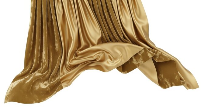 Elegant flowing golden pleated silk fabric on a white background.