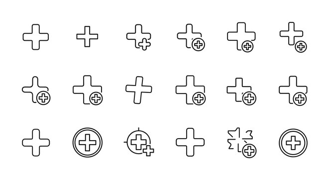A collection of thin, editable stroke icons representing the plus or add symbol, perfect for websites, books, cards, and apps. This vector cartoon illustration features a white background and