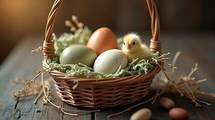 Cottagecore aesthetic high-selling stock photo: Naturally dyed, earthy-toned speckled Easter eggs in a vintage wicker basket, illuminated by soft, warm directional light on a dark wooden table.