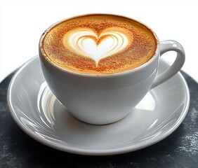 Fototapeta premium A cup of cappuccino with a heart-shaped latte art on top served in a white ceramic cup and saucer on a dark surface, creating a cozy and inviting mood