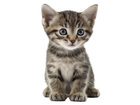 New born little cat isolated, young kitten facing forward, adorable kitten close-up portrait, isolated on a transparent background, professional pet photography