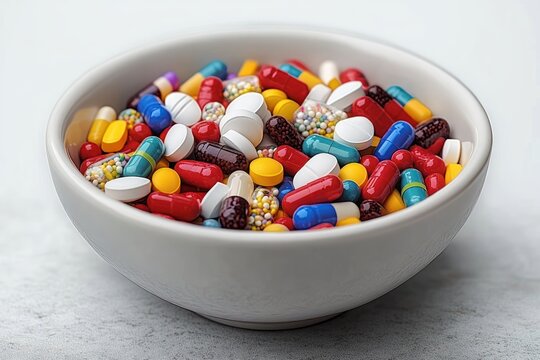 White bowl filled with colorful assorted capsules and round tablets on light surface