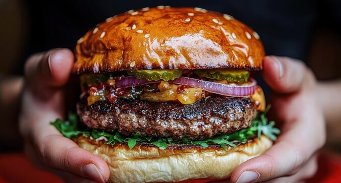 Close-up of a person holding a juicy cheeseburger with fresh lettuce, grilled beef patty, melted cheese, pickles, and red onion slices inside a glossy sesame seed bun