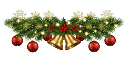 Festive christmas garland with golden bells, red baubles, snowflakes, and fairy lights, isolated on transparent background