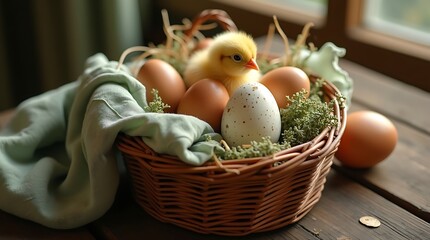 Warm-toned, inviting Easter scene: Vintage woven wicker basket filled with naturally dyed speckled eggs in muted sage and terracotta, accented by a baby chick and soft directional light on wood.