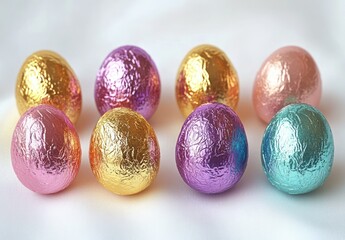 Close-up of eight shiny foil-wrapped chocolate eggs arranged on a white surface in bright pastel colors including gold, purple, pink, and teal, evoking a festive and joyful mood