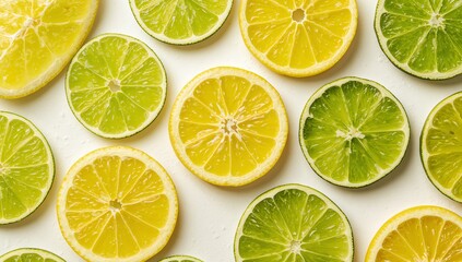 Fototapeta premium Slices of Citrus. A Play of Yellow and Green on a Textured Surface, Abstract Forms.