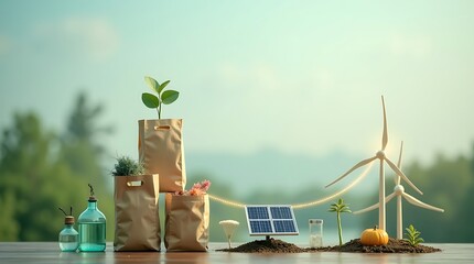 Clean, conceptual photograph illustrating sustainability with a balanced pyramid of "zero waste" items juxtaposed against miniature solar panels and glowing energy lines, with a climate change haze.