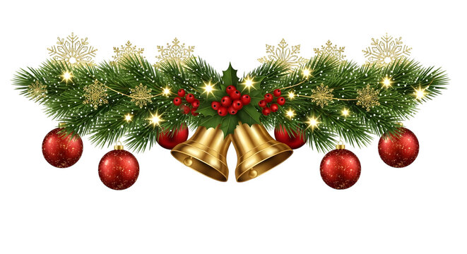 Festive christmas garland with golden bells, red baubles, snowflakes, and fairy lights, isolated on transparent background