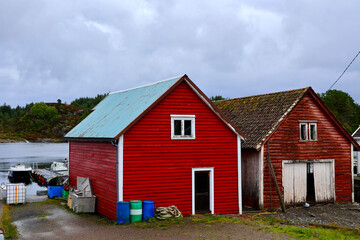 Rustic Red Boathouses by the Fjord in Forland, Sotra, Norway
