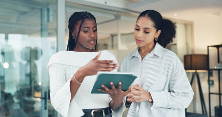 Review, conversation or women in office with tablet, feedback or discussion for client pitch....